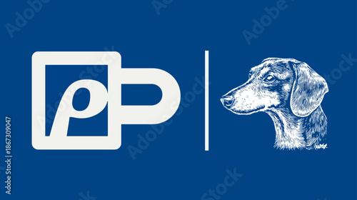 Detailed Dachshund Dog Illustration with Coffee Cup Icon and Letter P Graphic on Blue Background