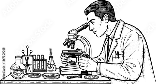 Intricate Engraving of a Doctor Examining Specimens with Microsc
