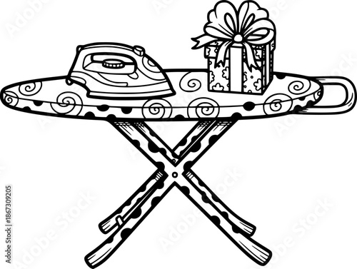 Whimsical Ironing Board and Gift, Hand-Drawn Black and White Woo
