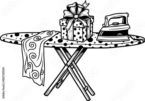 Whimsical Ironing Board and Gift, Hand-Drawn Black and White Woo
