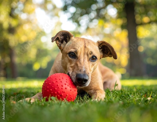Brown dog lying in grass, biting on a red rubbery ball with textured bumps, with green trees in the blurred background