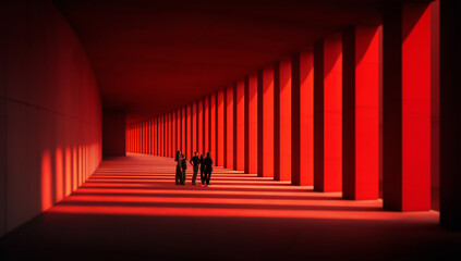 Digital composition of group walking through red corridor with dramatic light. Concept of teamwork, leadership path, corporate culture, journey and brand storytelling visuals.