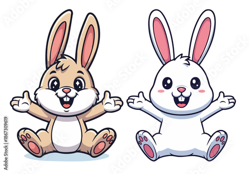 Happy cartoon bunny rabbit with arms raised in excitement