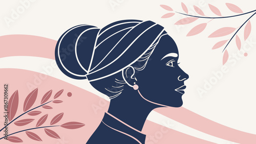 A serene woman with her hair wrapped in a turban surrounded by delicate pink leaves on a soft white and pink background for wellness and beauty