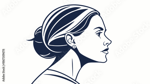 A beautiful woman with her hair tied back in a bun and a serene expression on her face, looking to the right, dark blue and white illustration