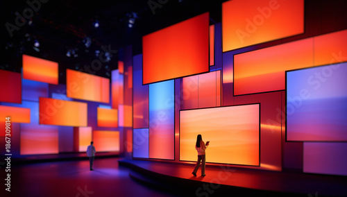 Modern poster with people exploring colorful digital screen installation. Concept of media technology, content creation, digital marketing, exhibition experience, and advertising presentation.