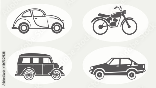 Collection of four black and white vehicle icons including a vintage car, motorcycle, station wagon, and sedan on a light gray background