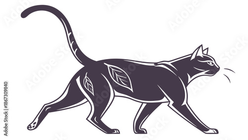 A stylized black cat with white outlines and leaf patterns walking to the right on a white background, conveying a sense of modernity