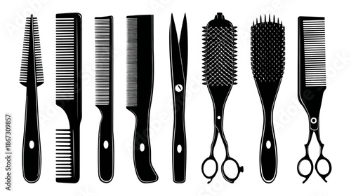 Hair salon and barber tools black silhouettes: professional combs, brushes, scissors, and clips set on white background.