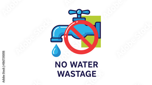 Simple blue water faucet icon with a red circle prohibition symbol clearly indicating the important conservation message no water wastage below