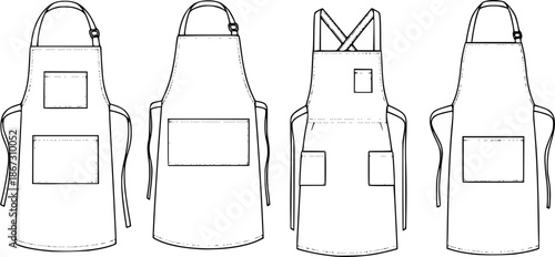 Set of Kitchen aprons with pockets Outline vector illustration isolated On Transparent Background