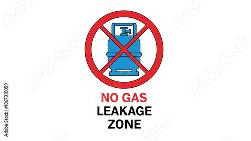 Prohibition sign illustrating a blue gas cylinder crossed out by a red circle indicating a strict no gas leakage zone safety warning notice.