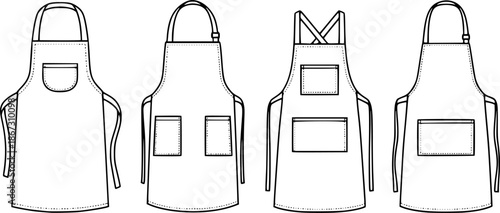 Set of Kitchen aprons with pockets Outline vector illustration isolated On Transparent Background