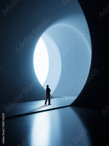 Cuadro en lienzo Abstract artwork with person standing inside circular architectural light tunnel