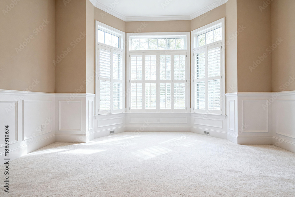 Obraz premium Empty Bright Corner Room with Bay Windows