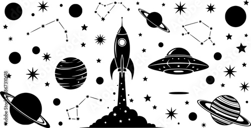 Space elements including planets ufo rocket and stars on transparent background silhouette