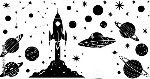 Space elements including planets ufo rocket and stars on transparent background silhouette