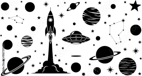 Space elements including planets ufo rocket and stars on transparent background silhouette