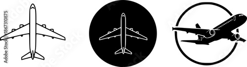 a collection of airplane icons in various styles including white outlines solid black shapes and within circles on transparent background silhouette high quality professional detailed modern 