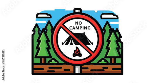 Graphic illustration prominently displaying a universal prohibition symbol over a stylized tent and campfire indicating no camping allowed in forested areas