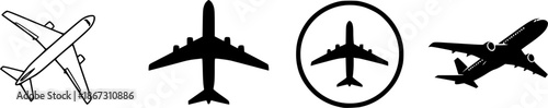 a collection of airplane icons in various styles including white outlines solid black shapes and within circles on transparent background silhouette high quality professional detailed modern 