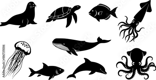 a collection of marine life icons including a seal turtle fish squid whale jellyfish dolphin and octopus silhouette on transparent background high quality professional detailed modern