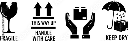 a collection of four black shipping symbols depicting fragile this way up handle with care and keep dry on transparent background silhouette