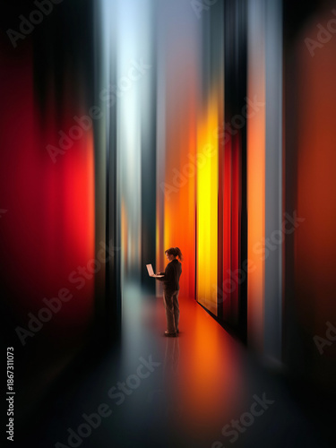 Abstract composition with woman using laptop in vertical light corridor. Concept of digital work, remote productivity, technology solutions, modern business workflow and corporate innovation.