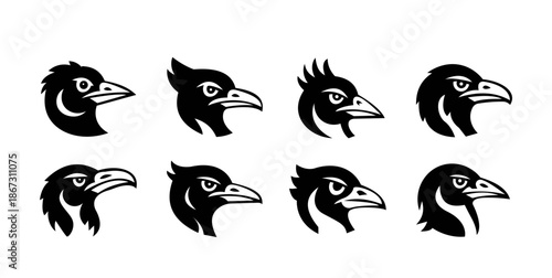 Bird Head Silhouette Icons Set  Eagle, Hawk, Falcon and Crow Mascot Black Vector