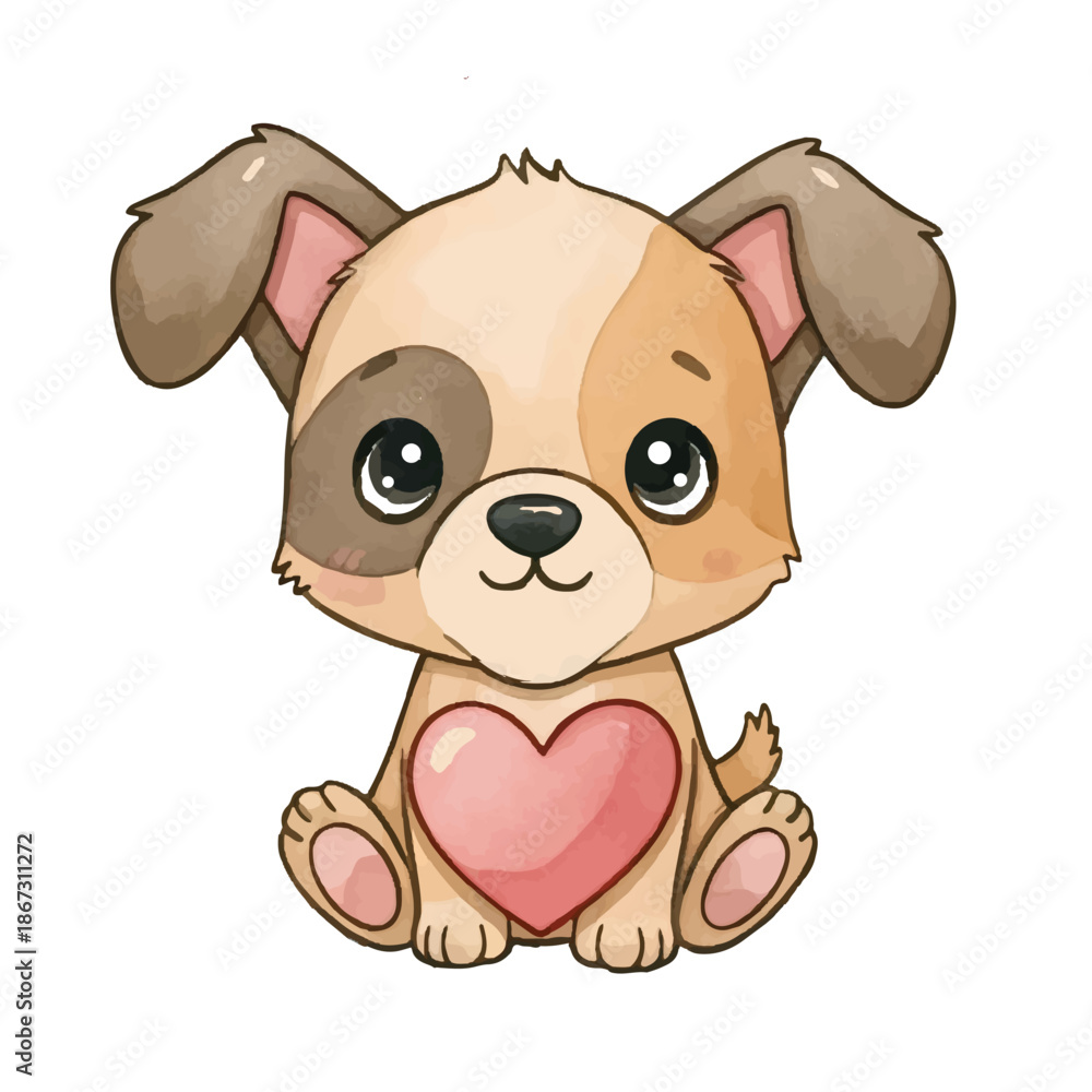 Obraz premium Cute cartoon puppy with heart surrounded by love and teddy bear elements