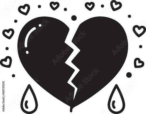 Fragmented Affection: A visual depiction of heartbreak, showing a shattered heart. Delicate teardrops and surrounding hearts symbolize emotional vulnerability.