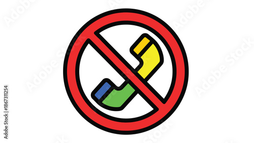 Simple colorful icon graphic depicting a universal prohibition symbol over a classic telephone handset indicating no calls allowed for essential service warnings