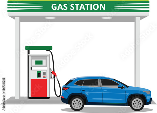 Blue car at a gas station pump for refueling, flat vector illustration of fuel service, petrol station, and automotive transportation.