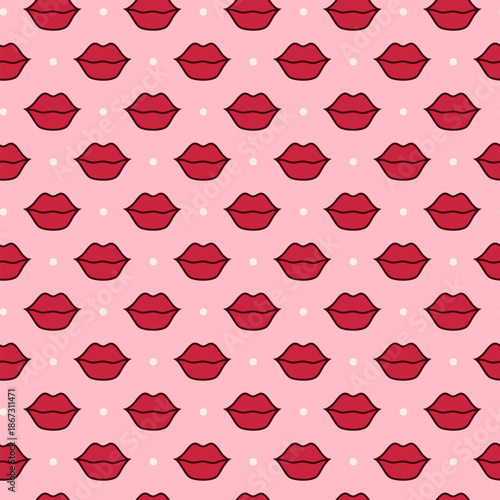 Vector seamless pattern with red lips on pink background with polka dot