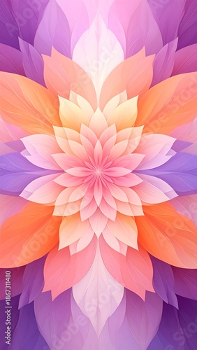 Abstract floral symmetry blooms with pastel colors. Radiant petals unfold in layers of lilac, peach, and soft pink hues