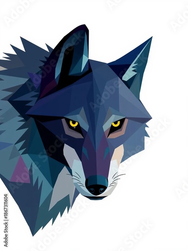Abstract geometric wolf head, sharp angles, cool color palette, digital art,  blue,  digital
