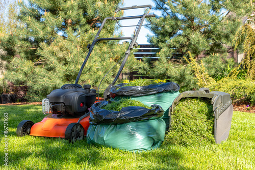 Lawnmower on a sunny freshly mown lawn and full bag of freshly cut grass