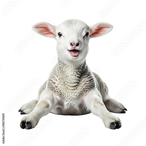 Adorable Cute Baby Lamb Lying Down on White Background