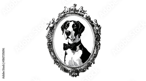 Elegant Black and White Dog Portrait Illustration Wearing Bowtie in Ornate Oval Frame Vintage Style Pet Art
