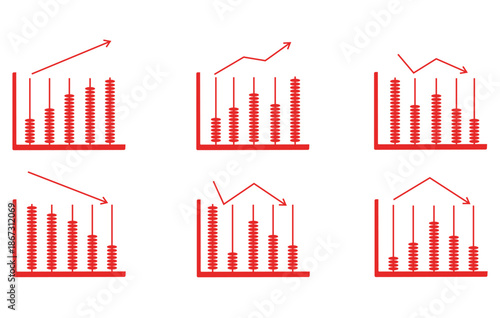 Abacus style bar charts showing diverse market trends and financial growth icons on white background