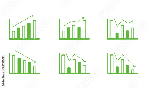 Minimalist green bar chart icon vector set showing growth and decline trends for business presentations and financial analysis, featuring rising and falling arrows for profit and loss concepts