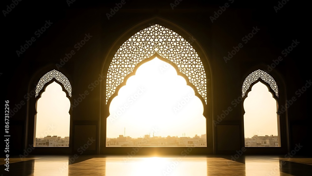 Fototapeta premium Majestic Islamic Archways with Intricate Geometric Patterns Reveal Golden Sunset Cityscape