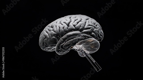 Side view of a human brain rendering against a black background. Detailed depiction of folds, with the brainstem and structures