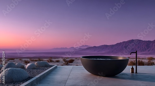 Sleek matte black bathtub placed outdoors in a desert landscape at sunset with pastel pink and purple sky and mountains in the distance.