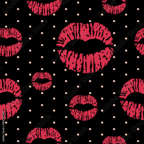 Vector seamless pattern with red lips prints on black background with polka dots