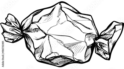 Hand-drawn sketch of a wrapped candy, sweet treat illustration in black and white line art style