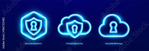 Secure System Network Protection Cyber Defense Icons Set.Cloud Security Data Protection Encryption Neon Logo.Secure Storage Data Security Backup for Digital Business. Vector Illustration