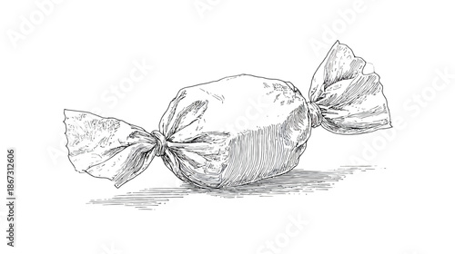 Detailed hand-drawn sketch of a single wrapped candy, a classic sweet treat. Monochrome pen and ink illustration on white background.