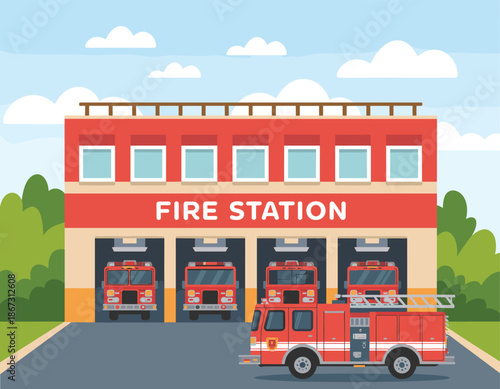Cartoon Fire Station Building Exterior with Red Fire Trucks in Garage Bays and a Fire Engine Parked Outside on Street
