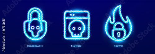 Ransomware Protection Decryption Data Lock Cyber Attack Icons Set. Malware Detection Removal Threat Scan System Safe Neon Logo. Firewall Network Defense Access Control Digital. Vector Illustration